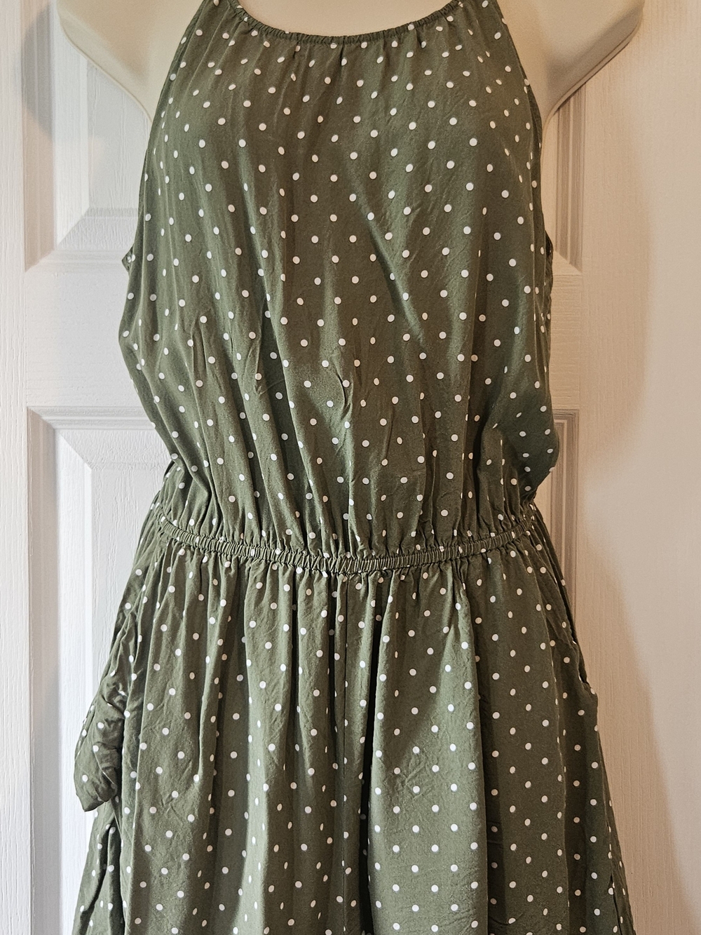 Polka Dot Romper With Pockets- Olive Green